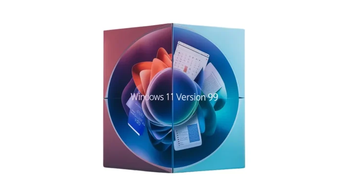 Windows 11 V99, a large multi - colored box contains a clock and the text, windows 11