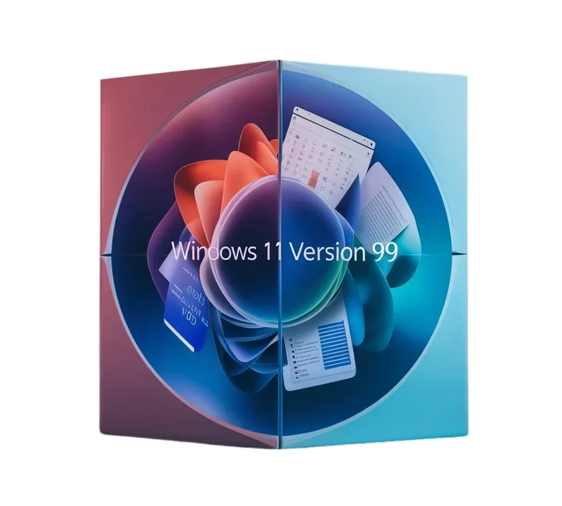 Windows 11 V99, a large multi - colored box contains a clock and the text, windows 11