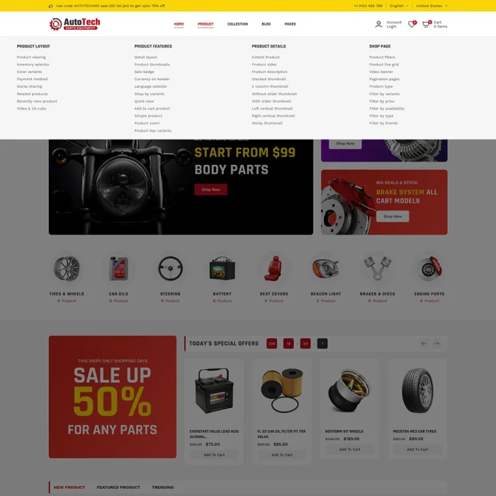 Autotech - Automotive Car & Spare Parts Mega Store Multipurpose Shopify 2.0 Responsive Theme