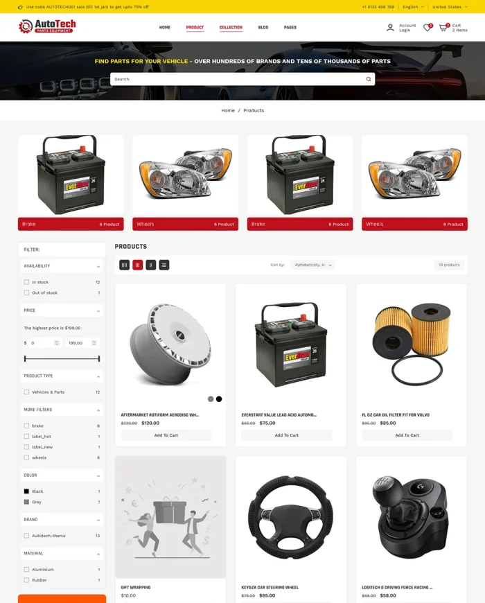 Autotech - Automotive Car & Spare Parts Mega Store Multipurpose Shopify 2.0 Responsive Theme