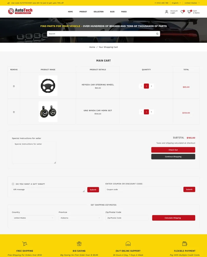 Autotech - Automotive Car & Spare Parts Mega Store Multipurpose Shopify 2.0 Responsive Theme